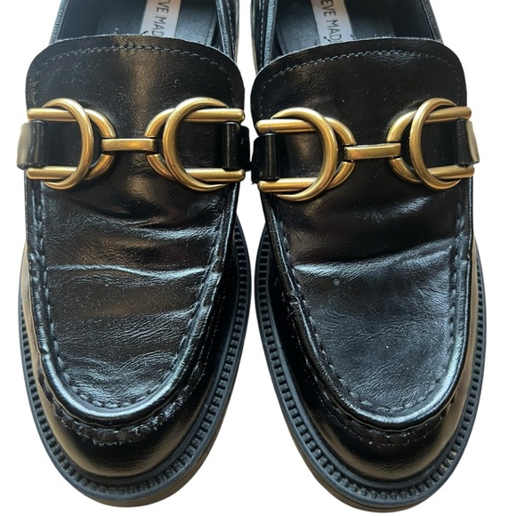 Steve Madden, Sheyla Black Vegan Leather Goldtone Bit Buckle Loafers Size 9.5 - Picture 3 of 8